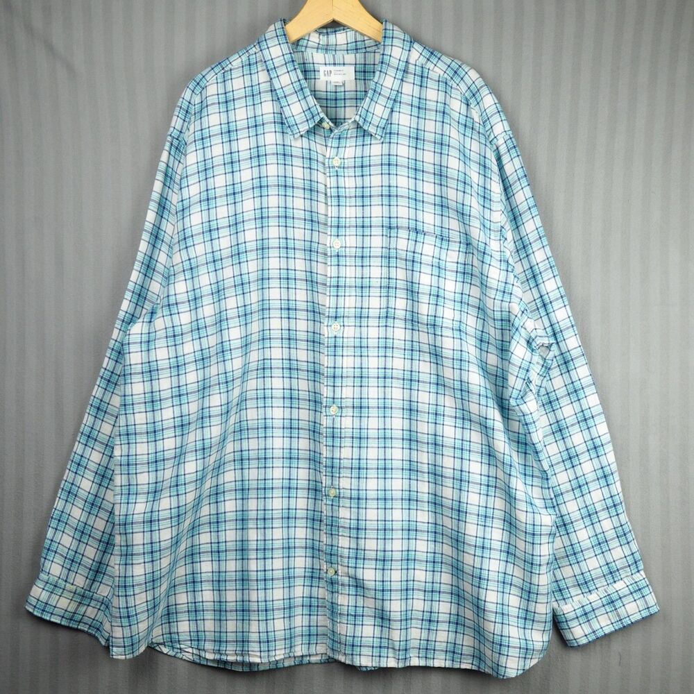 Gap Linen Cotton Long Sleeve Shirt Mens XXXL 3XL White Blue Plaid Chest 56